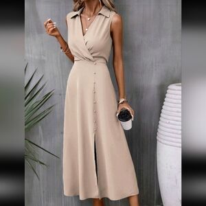 Sleeveless Collared Faux-Wrap Maxi Dress